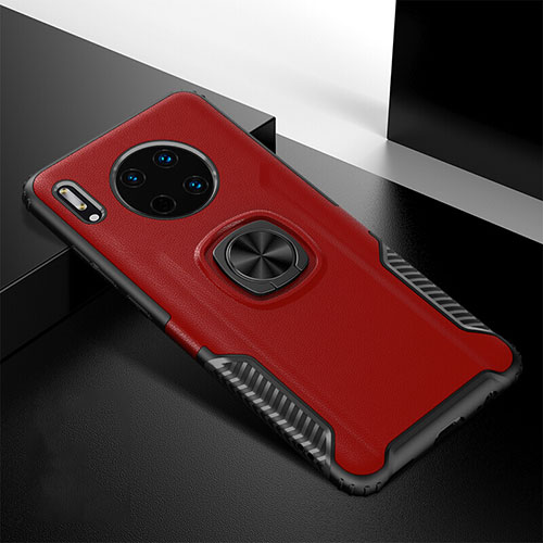 Soft Silicone Gel Leather Snap On Case Cover with Magnetic Finger Ring Stand T01 for Huawei Mate 30 Pro 5G Red