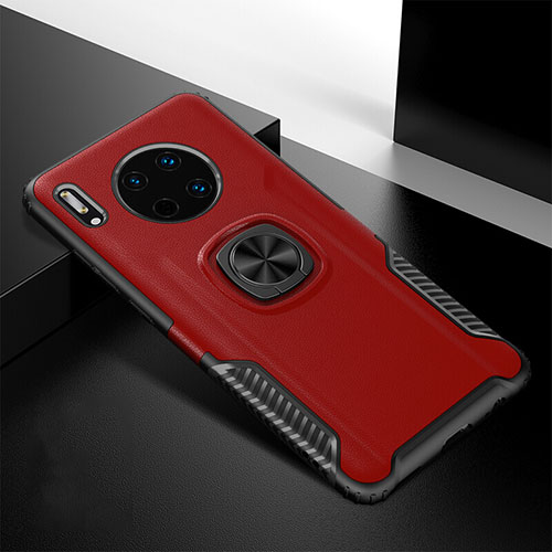 Soft Silicone Gel Leather Snap On Case Cover with Magnetic Finger Ring Stand T01 for Huawei Mate 30 Red
