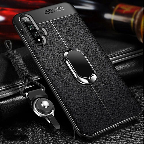 Soft Silicone Gel Leather Snap On Case Cover with Magnetic Finger Ring Stand T01 for Huawei Nova 5T Black