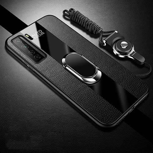 Soft Silicone Gel Leather Snap On Case Cover with Magnetic Finger Ring Stand T01 for Huawei Nova 7 SE 5G Black