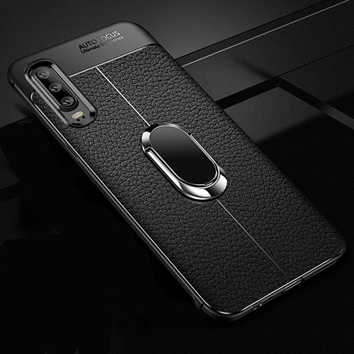 Soft Silicone Gel Leather Snap On Case Cover with Magnetic Finger Ring Stand T01 for Huawei P30 Black