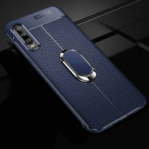Soft Silicone Gel Leather Snap On Case Cover with Magnetic Finger Ring Stand T01 for Huawei P30 Blue