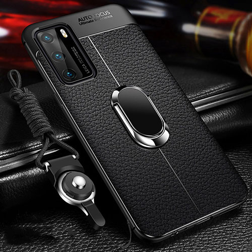 Soft Silicone Gel Leather Snap On Case Cover with Magnetic Finger Ring Stand T01 for Huawei P40 Black