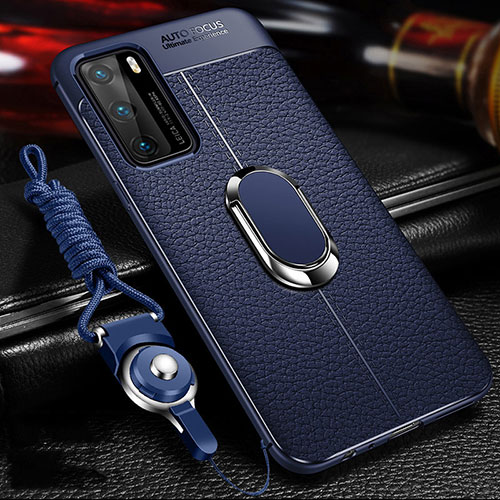 Soft Silicone Gel Leather Snap On Case Cover with Magnetic Finger Ring Stand T01 for Huawei P40 Blue