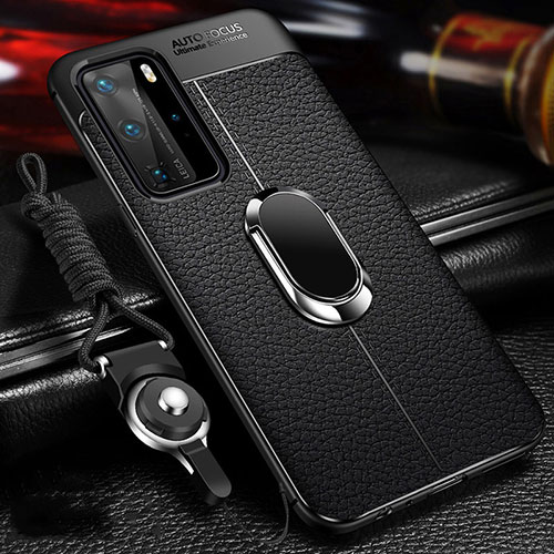 Soft Silicone Gel Leather Snap On Case Cover with Magnetic Finger Ring Stand T01 for Huawei P40 Pro Black