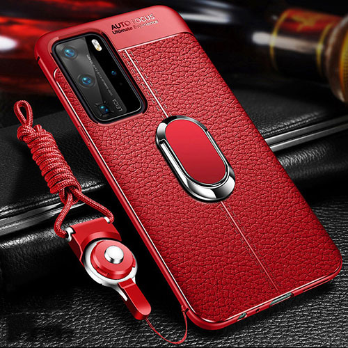 Soft Silicone Gel Leather Snap On Case Cover with Magnetic Finger Ring Stand T01 for Huawei P40 Pro Red