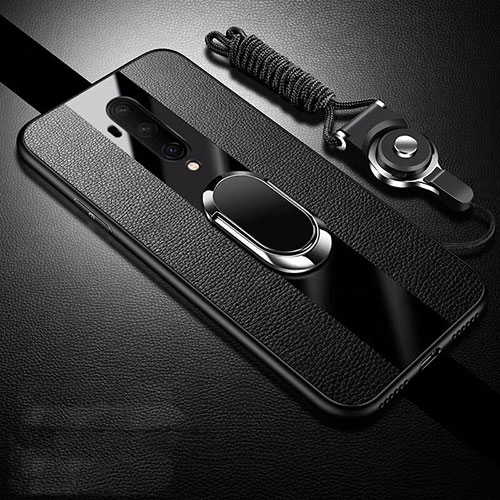 Soft Silicone Gel Leather Snap On Case Cover with Magnetic Finger Ring Stand T01 for OnePlus 7T Pro Black