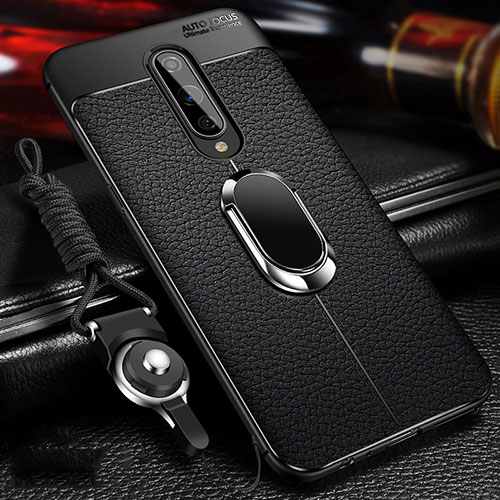 Soft Silicone Gel Leather Snap On Case Cover with Magnetic Finger Ring Stand T01 for OnePlus 8 Black