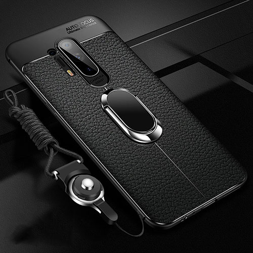 Soft Silicone Gel Leather Snap On Case Cover with Magnetic Finger Ring Stand T01 for OnePlus 8 Pro Black