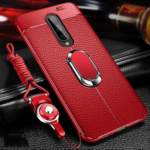 Soft Silicone Gel Leather Snap On Case Cover with Magnetic Finger Ring Stand T01 for OnePlus 8 Red