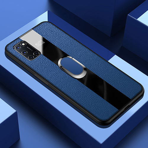 Soft Silicone Gel Leather Snap On Case Cover with Magnetic Finger Ring Stand T01 for Oppo A72 Blue