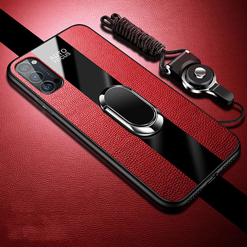 Soft Silicone Gel Leather Snap On Case Cover with Magnetic Finger Ring Stand T01 for Oppo Reno4 5G Red