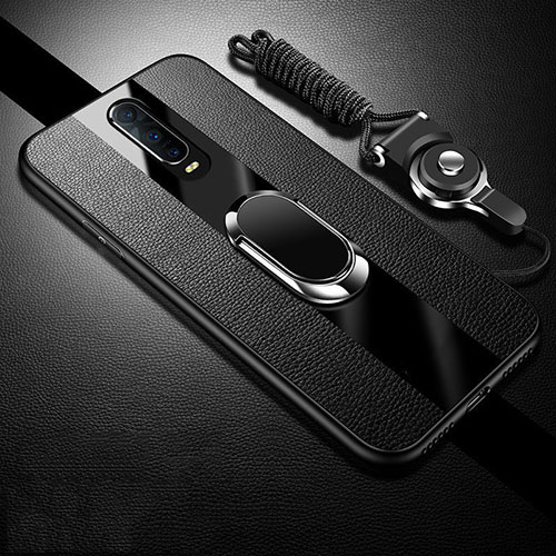 Soft Silicone Gel Leather Snap On Case Cover with Magnetic Finger Ring Stand T01 for Oppo RX17 Pro Black