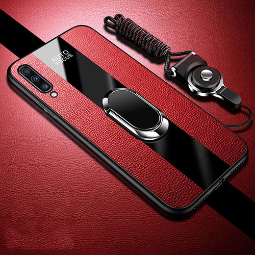 Soft Silicone Gel Leather Snap On Case Cover with Magnetic Finger Ring Stand T01 for Samsung Galaxy A70 Red