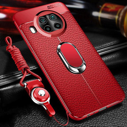 Soft Silicone Gel Leather Snap On Case Cover with Magnetic Finger Ring Stand T01 for Xiaomi Mi 10i 5G Red