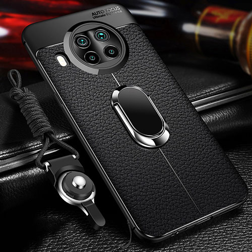 Soft Silicone Gel Leather Snap On Case Cover with Magnetic Finger Ring Stand T01 for Xiaomi Mi 10T Lite 5G Black