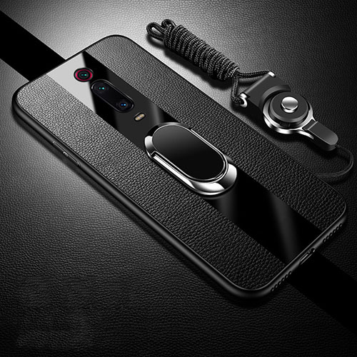 Soft Silicone Gel Leather Snap On Case Cover with Magnetic Finger Ring Stand T01 for Xiaomi Mi 9T Black