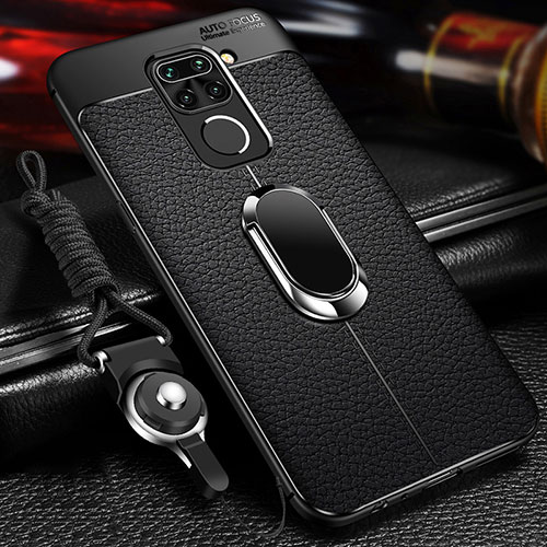 Soft Silicone Gel Leather Snap On Case Cover with Magnetic Finger Ring Stand T01 for Xiaomi Redmi 10X 4G Black