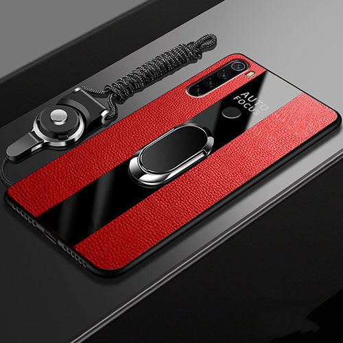 Soft Silicone Gel Leather Snap On Case Cover with Magnetic Finger Ring Stand T01 for Xiaomi Redmi Note 8 Red