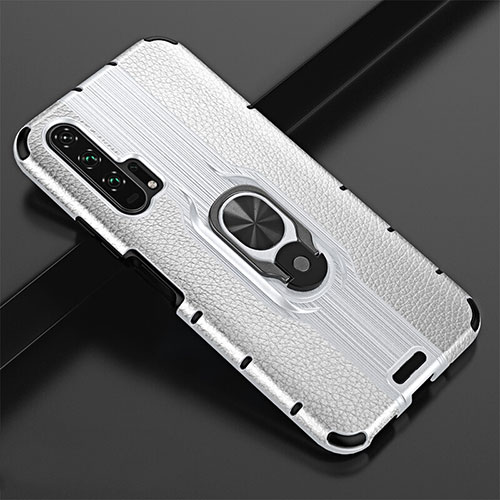 Soft Silicone Gel Leather Snap On Case Cover with Magnetic Finger Ring Stand T02 for Huawei Honor 20 Pro White