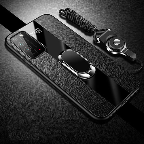 Soft Silicone Gel Leather Snap On Case Cover with Magnetic Finger Ring Stand T02 for Huawei Honor X10 5G Black