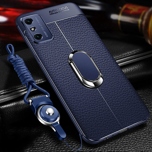 Soft Silicone Gel Leather Snap On Case Cover with Magnetic Finger Ring Stand T02 for Huawei Honor X10 Max 5G Blue