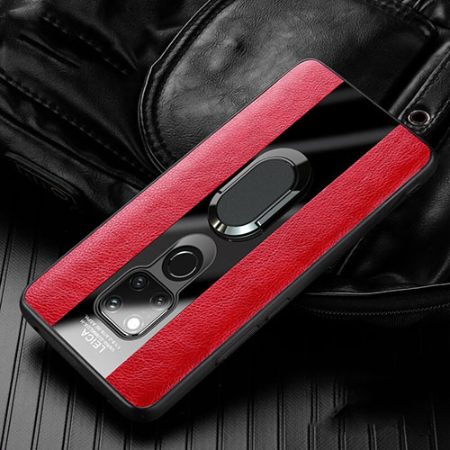 Soft Silicone Gel Leather Snap On Case Cover with Magnetic Finger Ring Stand T02 for Huawei Mate 20 Red