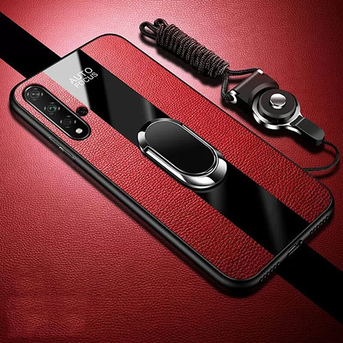 Soft Silicone Gel Leather Snap On Case Cover with Magnetic Finger Ring Stand T02 for Huawei Nova 5 Pro Red