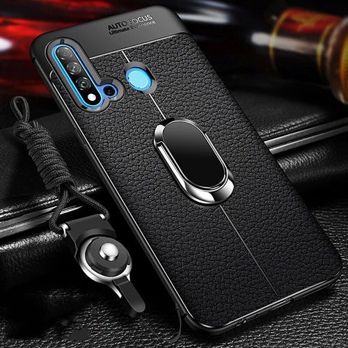Soft Silicone Gel Leather Snap On Case Cover with Magnetic Finger Ring Stand T02 for Huawei Nova 5i Black