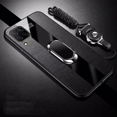 Soft Silicone Gel Leather Snap On Case Cover with Magnetic Finger Ring Stand T02 for Huawei P40 Lite Black