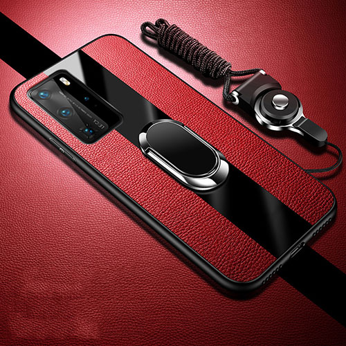 Soft Silicone Gel Leather Snap On Case Cover with Magnetic Finger Ring Stand T02 for Huawei P40 Pro Red