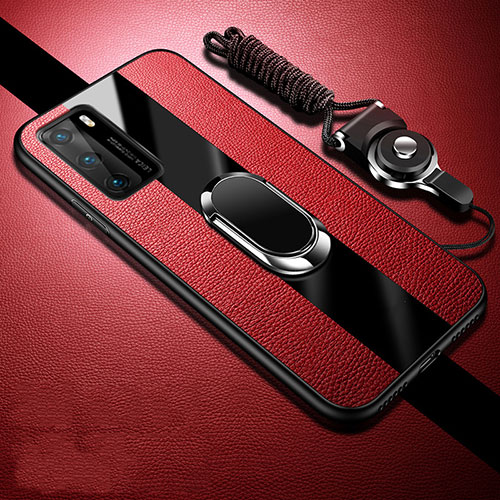 Soft Silicone Gel Leather Snap On Case Cover with Magnetic Finger Ring Stand T02 for Huawei P40 Red