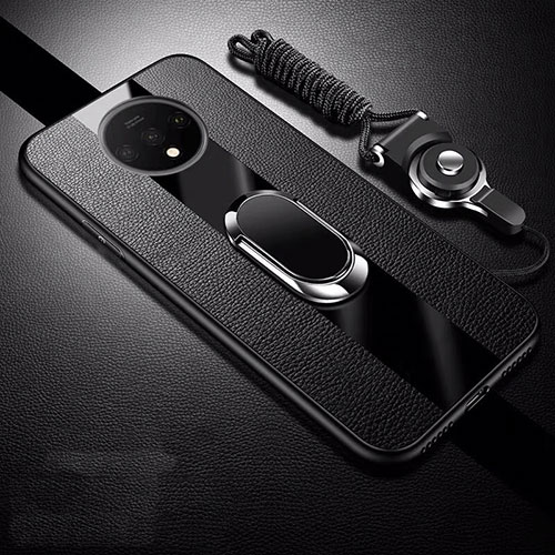 Soft Silicone Gel Leather Snap On Case Cover with Magnetic Finger Ring Stand T02 for OnePlus 7T Black