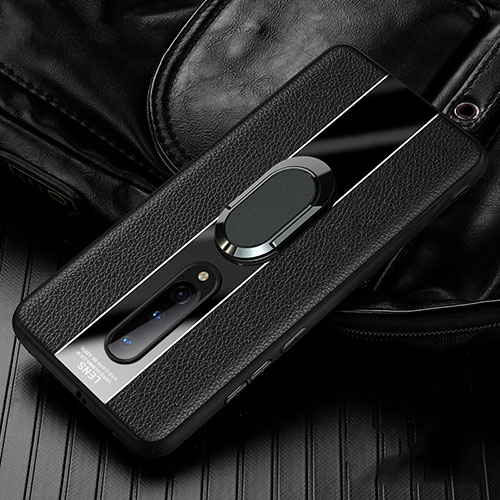 Soft Silicone Gel Leather Snap On Case Cover with Magnetic Finger Ring Stand T02 for OnePlus 8 Black