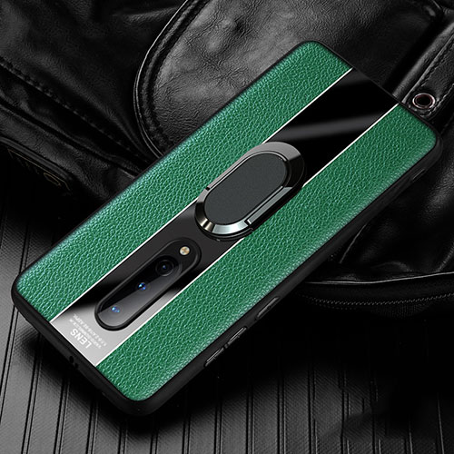 Soft Silicone Gel Leather Snap On Case Cover with Magnetic Finger Ring Stand T02 for OnePlus 8 Green