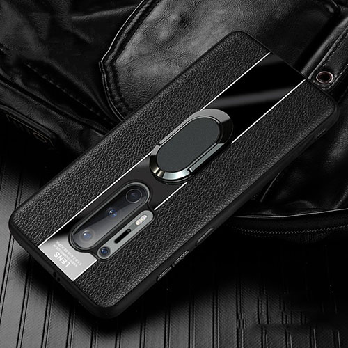 Soft Silicone Gel Leather Snap On Case Cover with Magnetic Finger Ring Stand T02 for OnePlus 8 Pro Black
