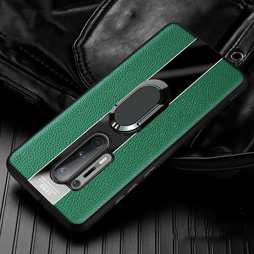 Soft Silicone Gel Leather Snap On Case Cover with Magnetic Finger Ring Stand T02 for OnePlus 8 Pro Green