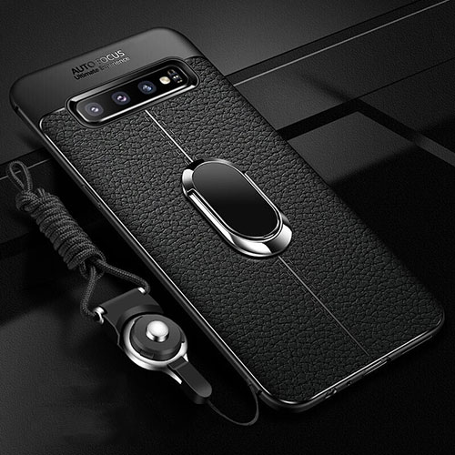 Soft Silicone Gel Leather Snap On Case Cover with Magnetic Finger Ring Stand T02 for Samsung Galaxy S10 5G Black