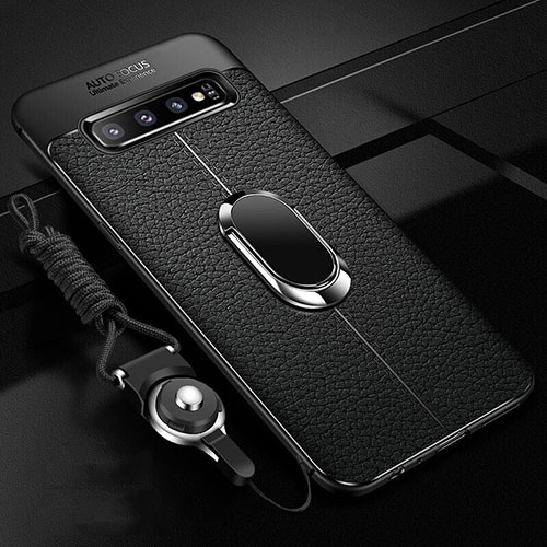 Soft Silicone Gel Leather Snap On Case Cover with Magnetic Finger Ring Stand T02 for Samsung Galaxy S10 Black