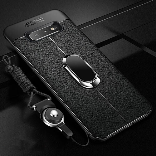 Soft Silicone Gel Leather Snap On Case Cover with Magnetic Finger Ring Stand T02 for Samsung Galaxy S10 Plus Black