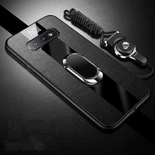 Soft Silicone Gel Leather Snap On Case Cover with Magnetic Finger Ring Stand T02 for Samsung Galaxy S10e Black