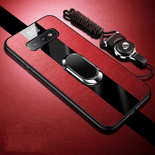 Soft Silicone Gel Leather Snap On Case Cover with Magnetic Finger Ring Stand T02 for Samsung Galaxy S10e Red