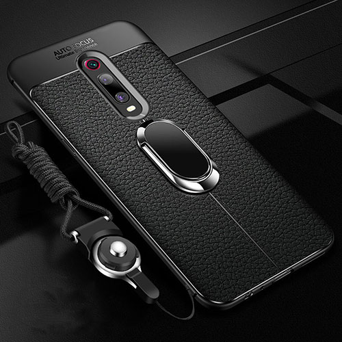 Soft Silicone Gel Leather Snap On Case Cover with Magnetic Finger Ring Stand T02 for Xiaomi Mi 9T Pro Black