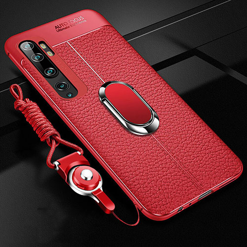 Soft Silicone Gel Leather Snap On Case Cover with Magnetic Finger Ring Stand T02 for Xiaomi Mi Note 10 Red