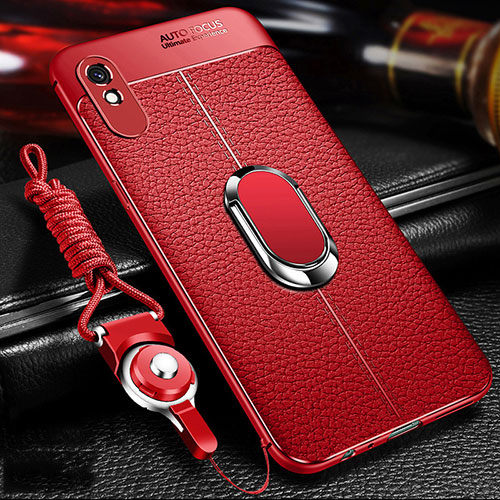 Soft Silicone Gel Leather Snap On Case Cover with Magnetic Finger Ring Stand T02 for Xiaomi Redmi 9A Red