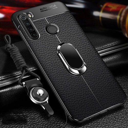 Soft Silicone Gel Leather Snap On Case Cover with Magnetic Finger Ring Stand T02 for Xiaomi Redmi Note 8 (2021) Black