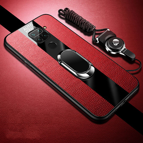 Soft Silicone Gel Leather Snap On Case Cover with Magnetic Finger Ring Stand T02 for Xiaomi Redmi Note 9 Red