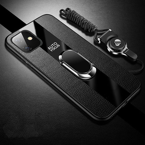 Soft Silicone Gel Leather Snap On Case Cover with Magnetic Finger Ring Stand T03 for Apple iPhone 11 Black