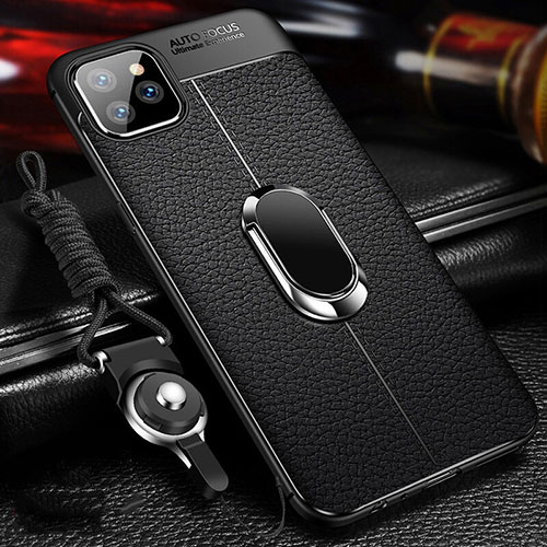 Soft Silicone Gel Leather Snap On Case Cover with Magnetic Finger Ring Stand T03 for Apple iPhone 11 Pro Max Black