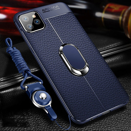 Soft Silicone Gel Leather Snap On Case Cover with Magnetic Finger Ring Stand T03 for Apple iPhone 11 Pro Max Blue